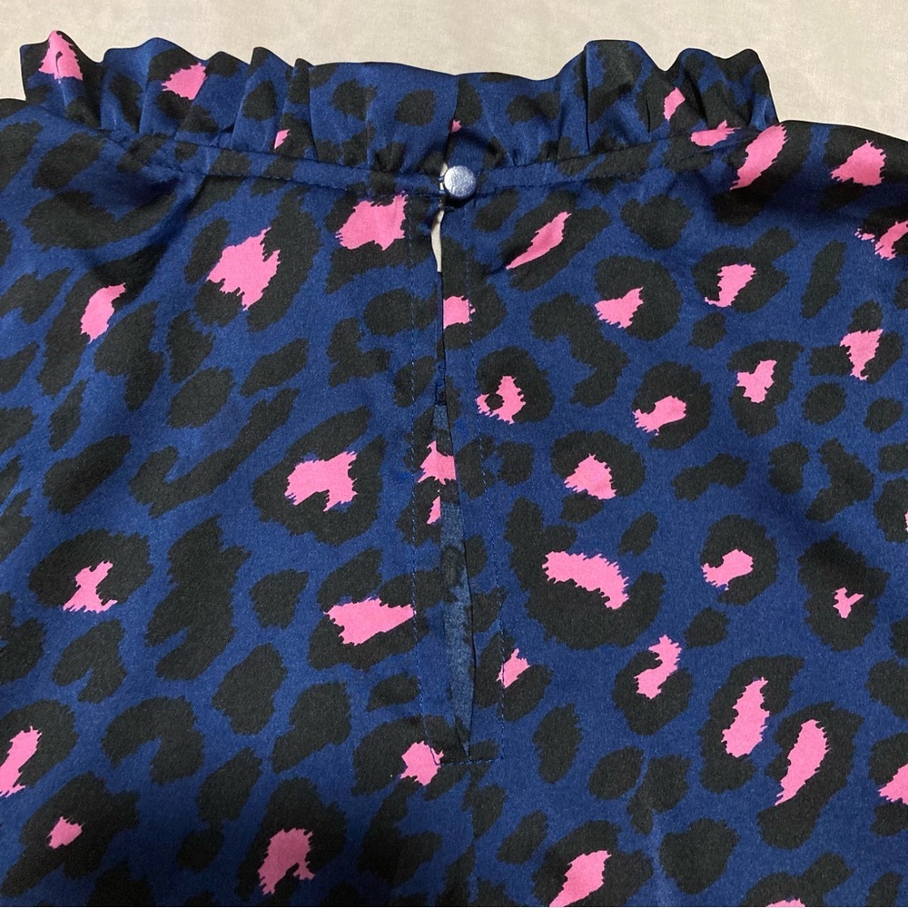 Navy & Pink Peplum Blouse with Full Long Sleeves & Ruffled Mandarin Collar - Picture 10 of 11